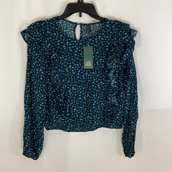 Wild Fable Blue Floral Long Sleeve Ruffly BOHO Top - Picture 3 of 6